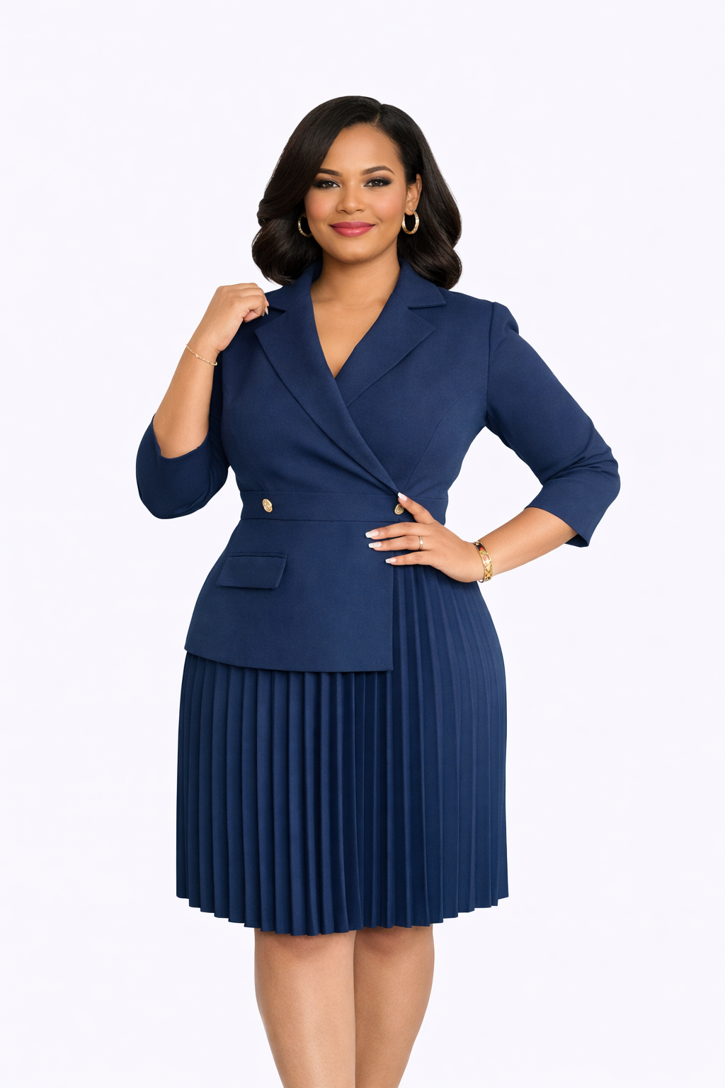 The Chic Hostess — Blazer Collar Pleated Slim Midi Dress