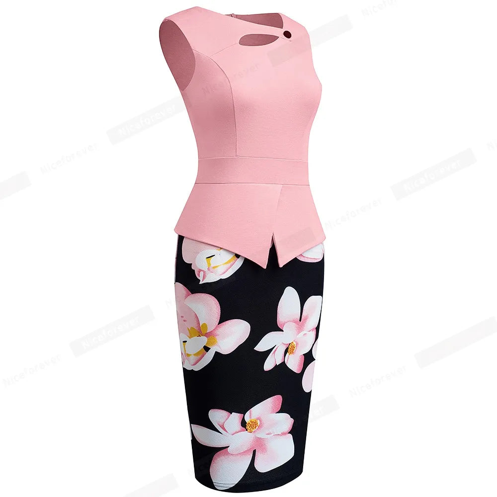 The Garden Party — Floral Patchwork Button ¾ Sleeve Bodycon Dress