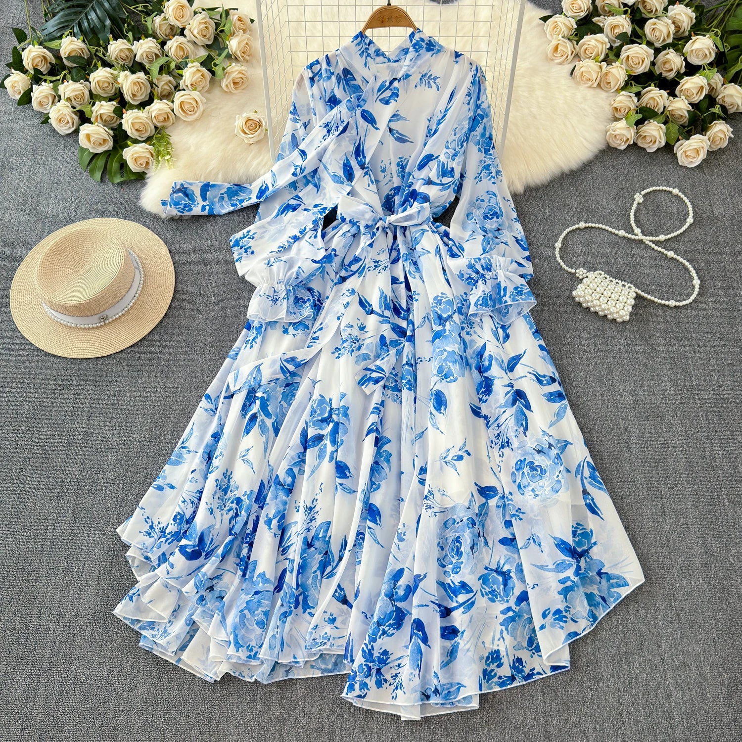 The Summer Bloom — Chiffon Lace-Up Bow Dress