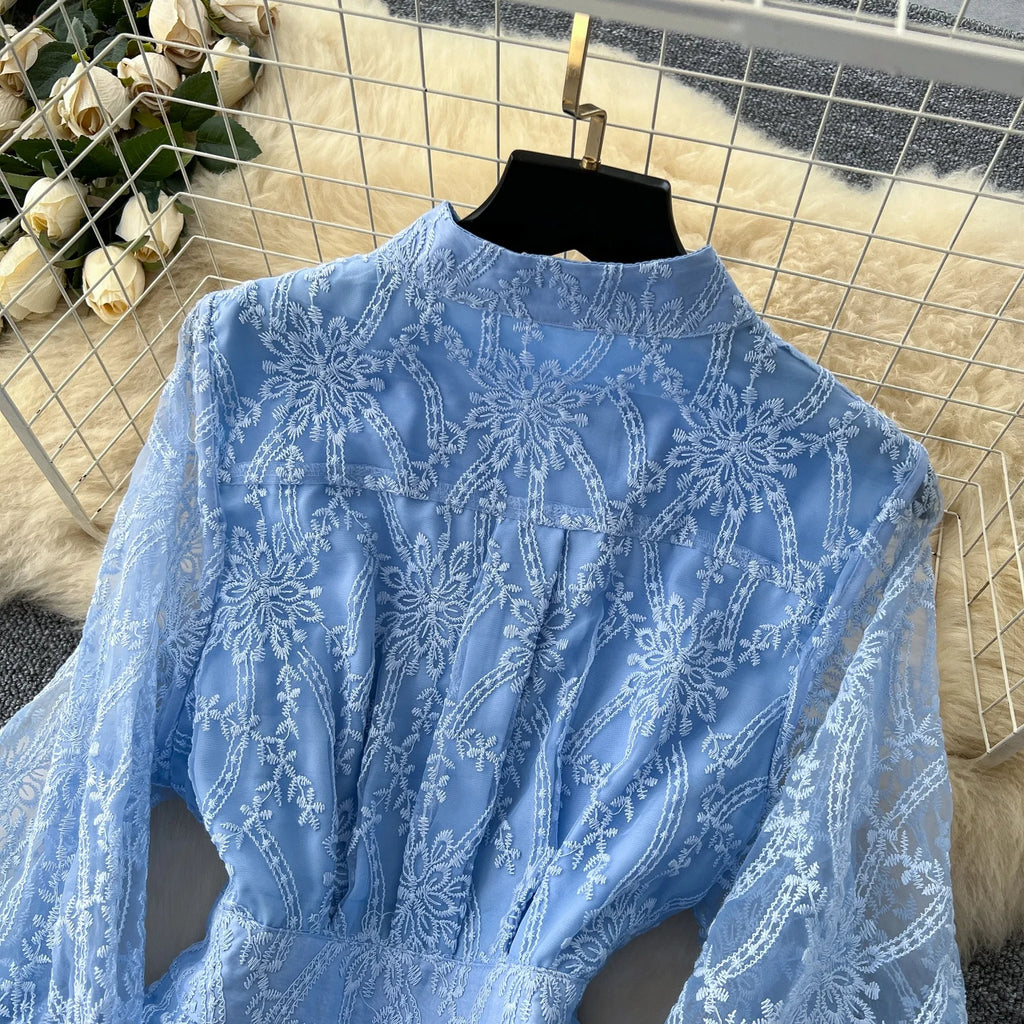The Seraphine — Hollow-Out Lace Long Sleeve Midi Dress