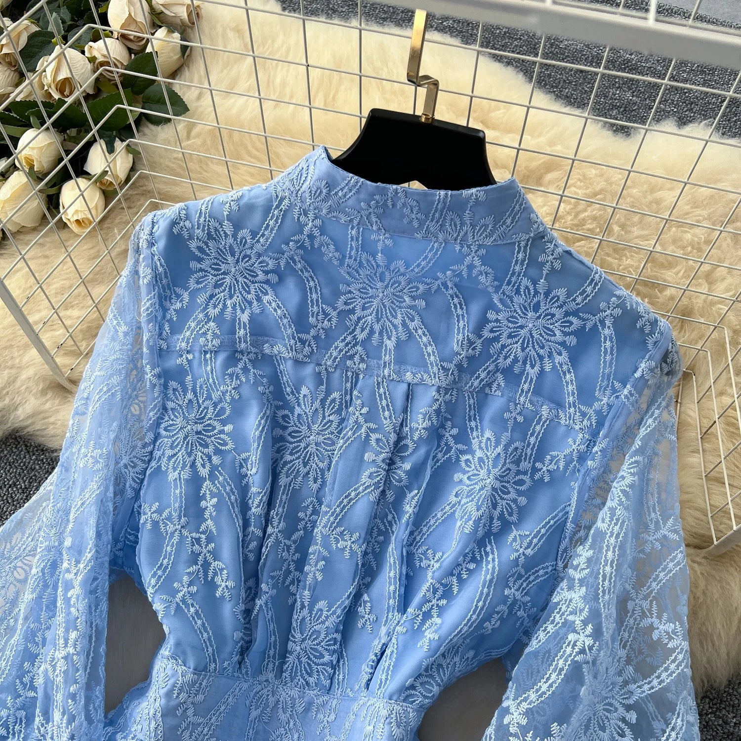 The Seraphine — Hollow-Out Lace Long Sleeve Midi Dress