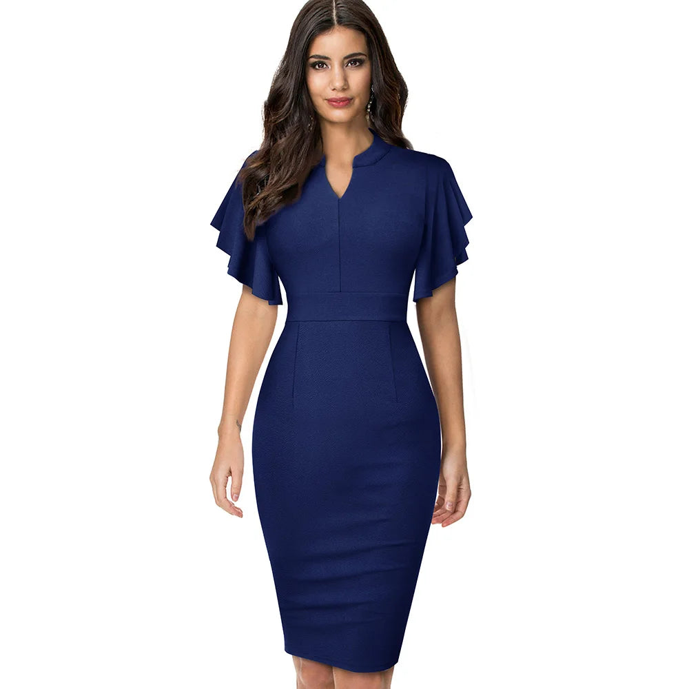 The Ruffle Edit — Solid Colour Short Sleeve Ruffle Bodycon Pencil Dress