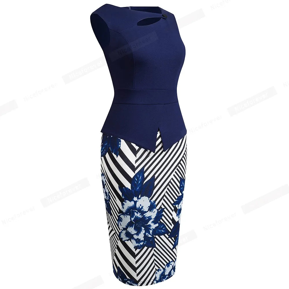 The Garden Party — Floral Patchwork Button ¾ Sleeve Bodycon Dress