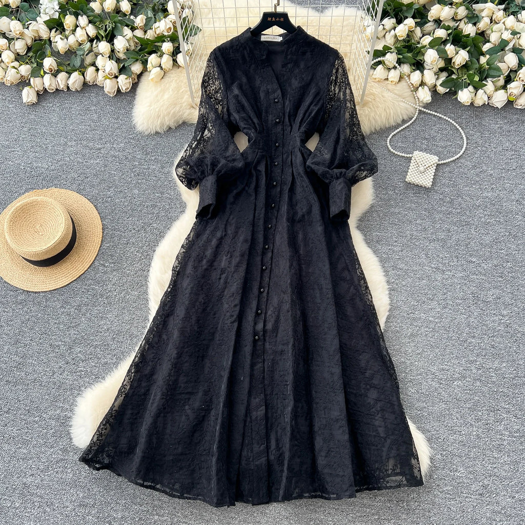 The Seraphine — Hollow-Out Lace Long Sleeve Midi Dress