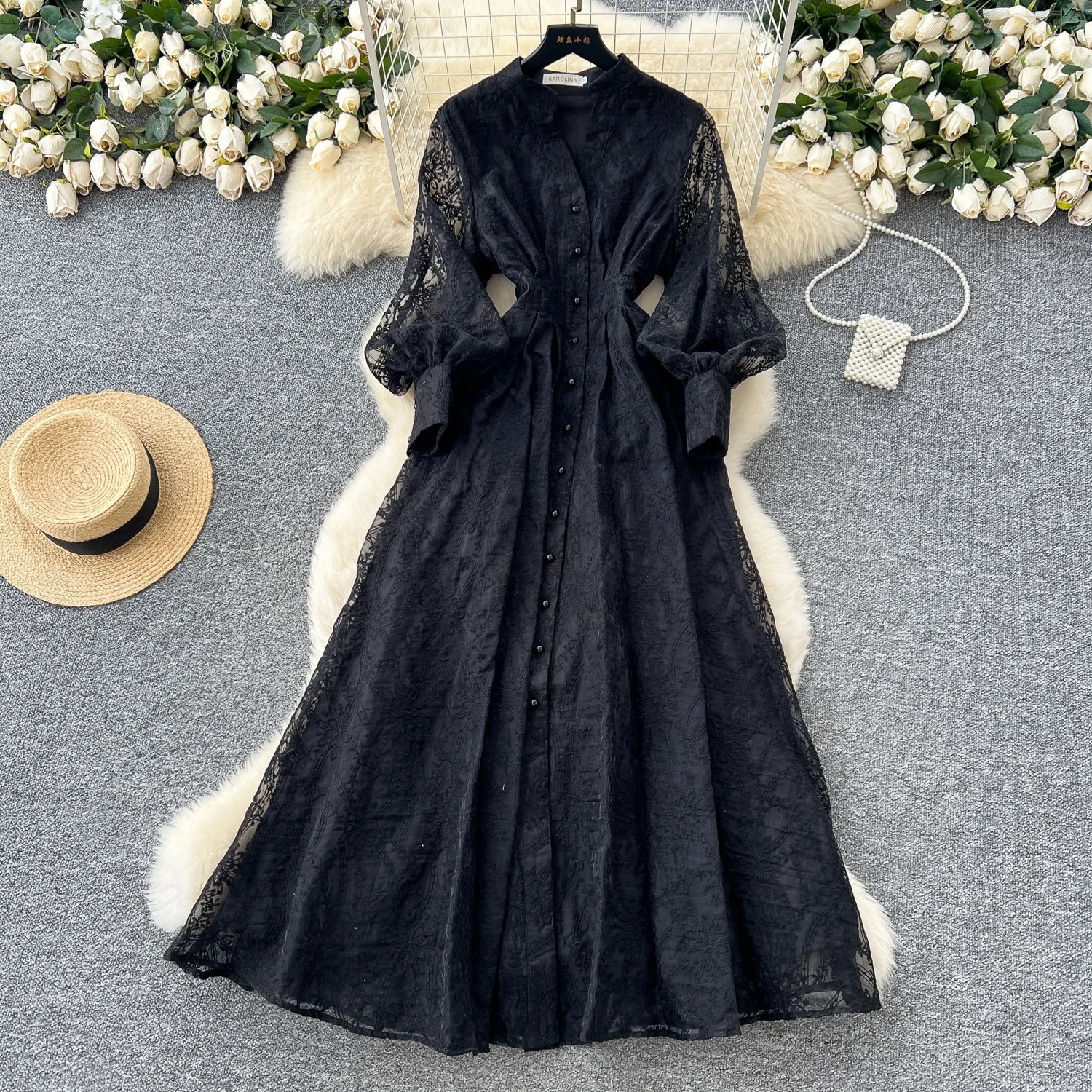 The Seraphine — Hollow-Out Lace Long Sleeve Midi Dress