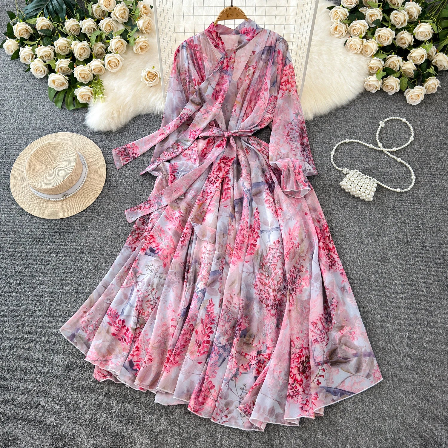 The Summer Bloom — Chiffon Lace-Up Bow Dress