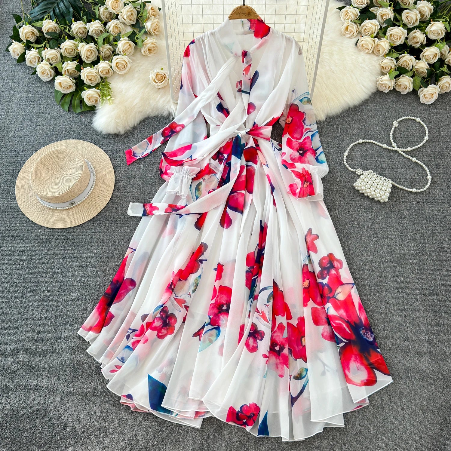 The Summer Bloom — Chiffon Lace-Up Bow Dress