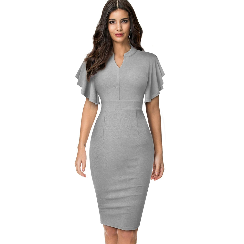 The Ruffle Edit — Solid Colour Short Sleeve Ruffle Bodycon Pencil Dress