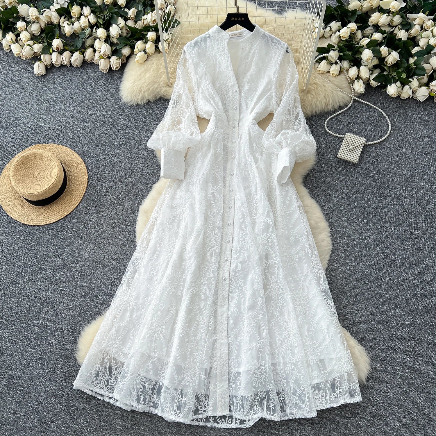 The Seraphine — Hollow-Out Lace Long Sleeve Midi Dress