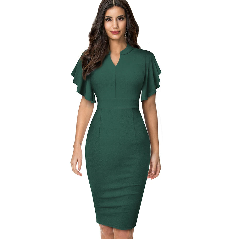The Ruffle Edit — Solid Colour Short Sleeve Ruffle Bodycon Pencil Dress