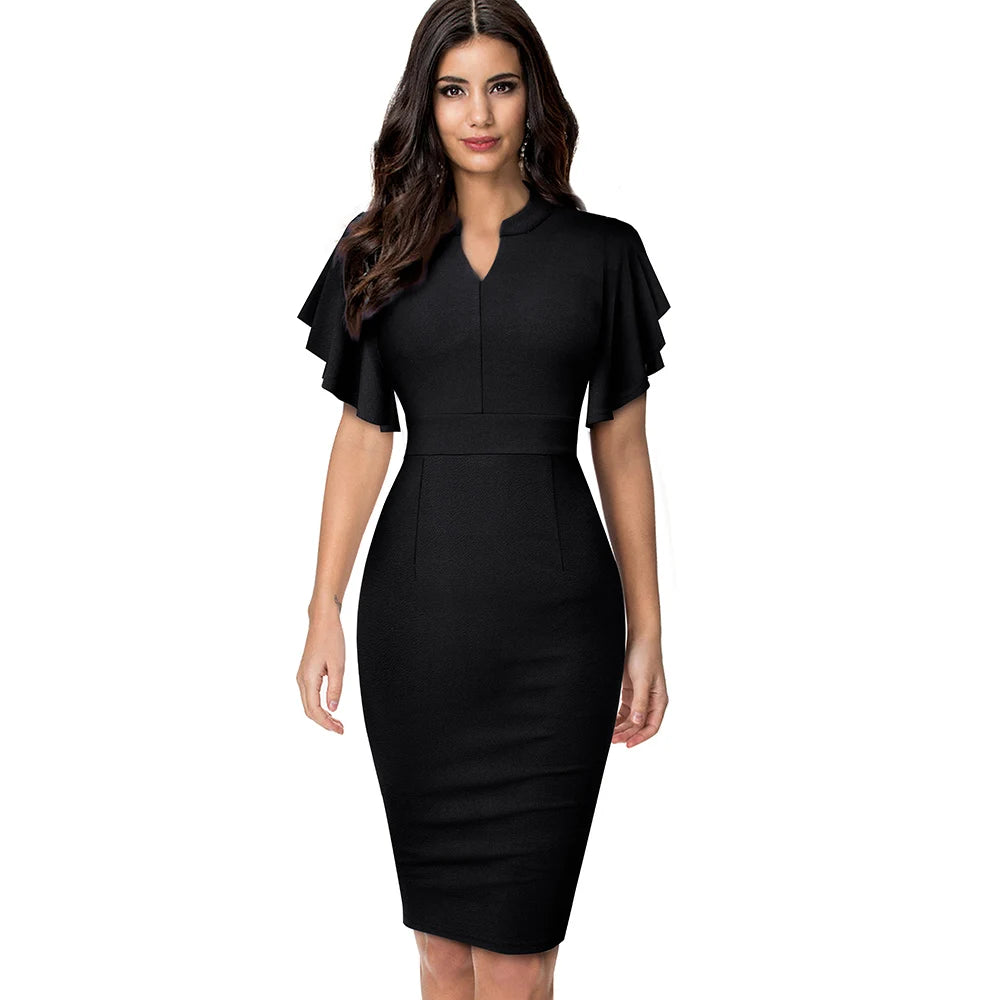 The Ruffle Edit — Solid Colour Short Sleeve Ruffle Bodycon Pencil Dress