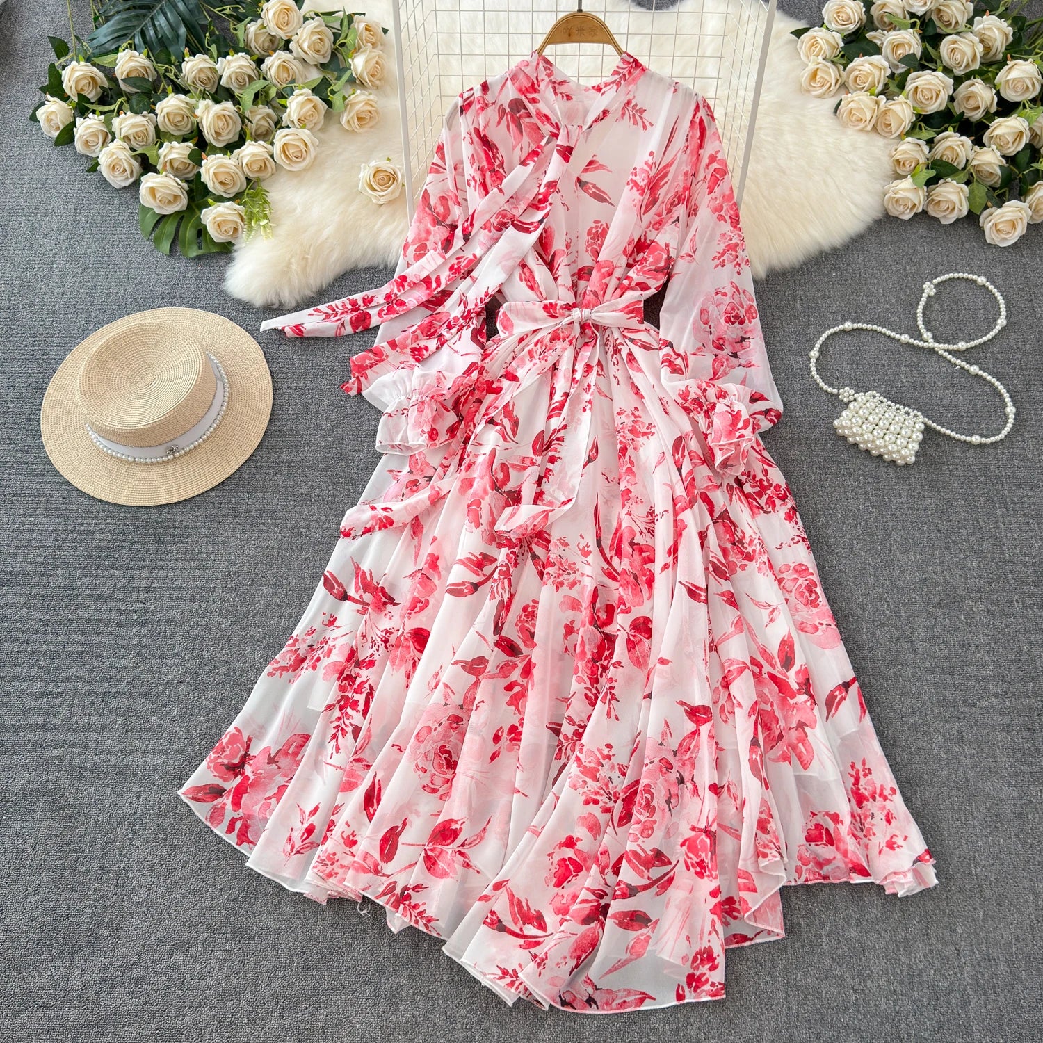 The Summer Bloom — Chiffon Lace-Up Bow Dress
