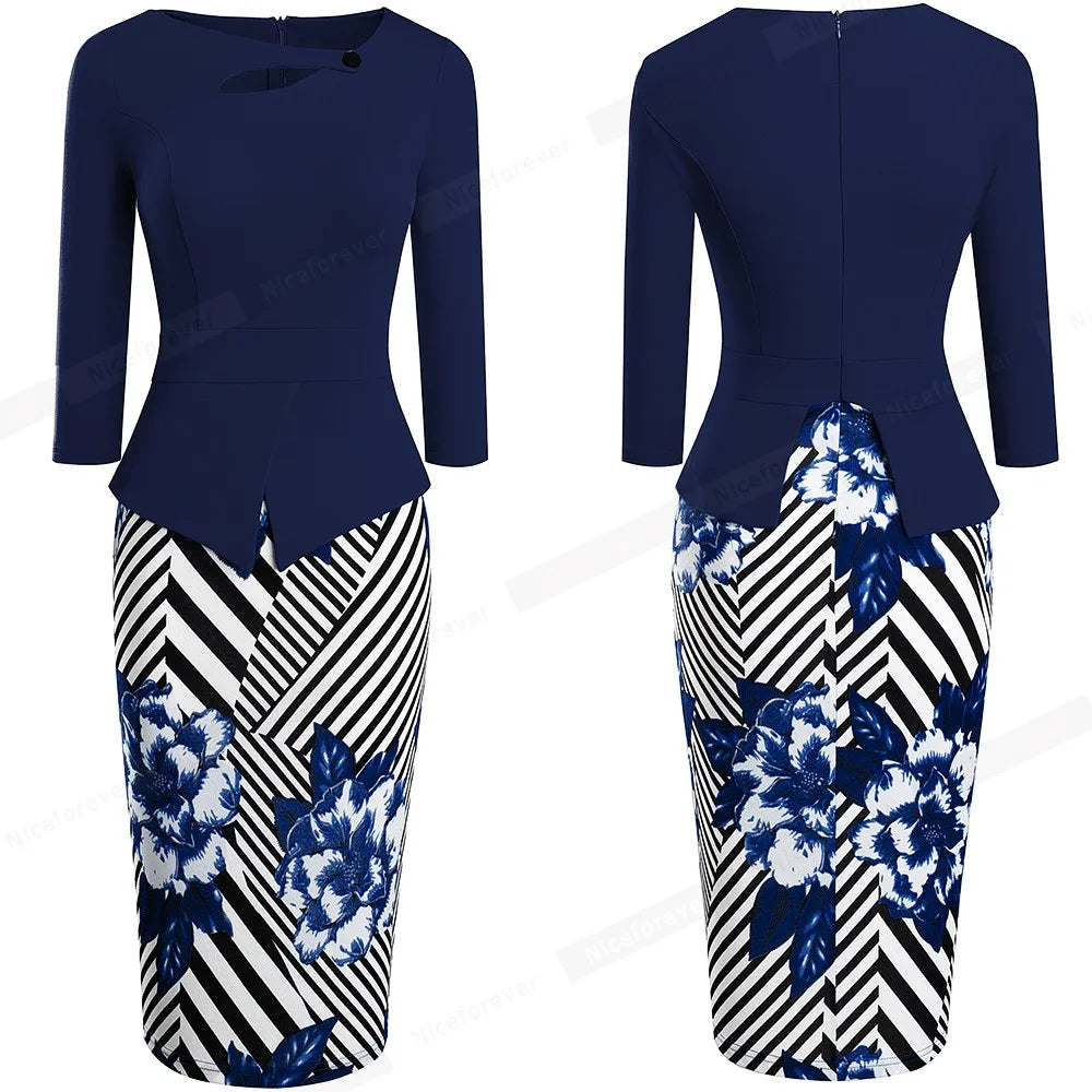 The Garden Party — Floral Patchwork Button ¾ Sleeve Bodycon Dress