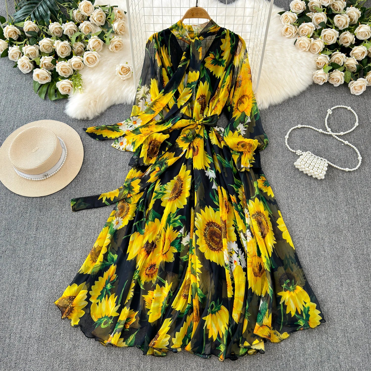 The Summer Bloom — Chiffon Lace-Up Bow Dress
