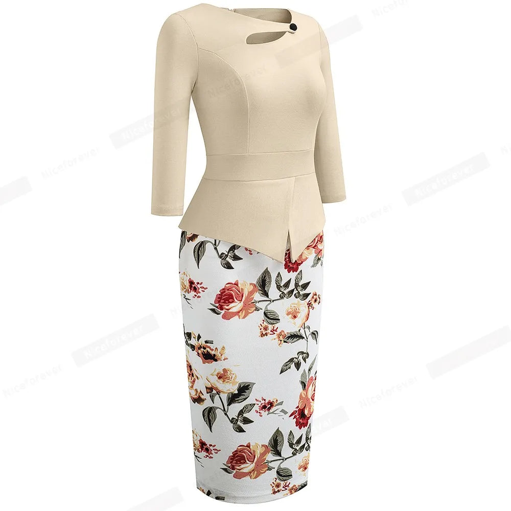 The Garden Party — Floral Patchwork Button ¾ Sleeve Bodycon Dress