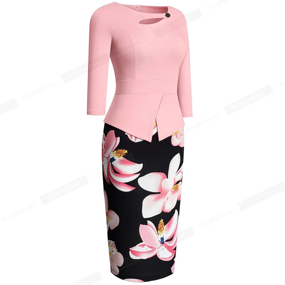 The Garden Party — Floral Patchwork Button ¾ Sleeve Bodycon Dress