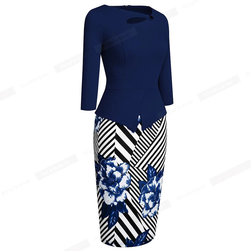 The Garden Party — Floral Patchwork Button ¾ Sleeve Bodycon Dress