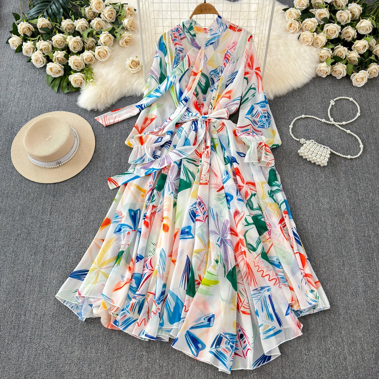 The Summer Bloom — Chiffon Lace-Up Bow Dress