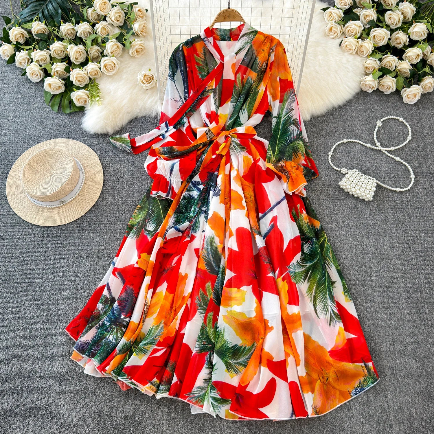 The Summer Bloom — Chiffon Lace-Up Bow Dress