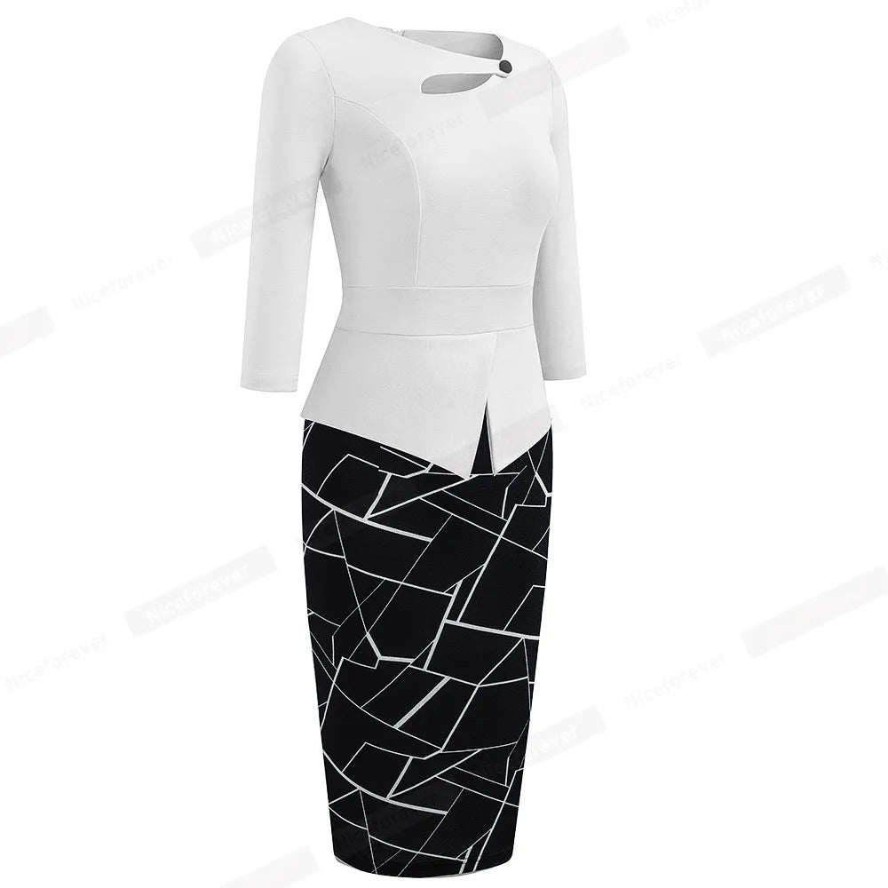 The Garden Party — Floral Patchwork Button ¾ Sleeve Bodycon Dress