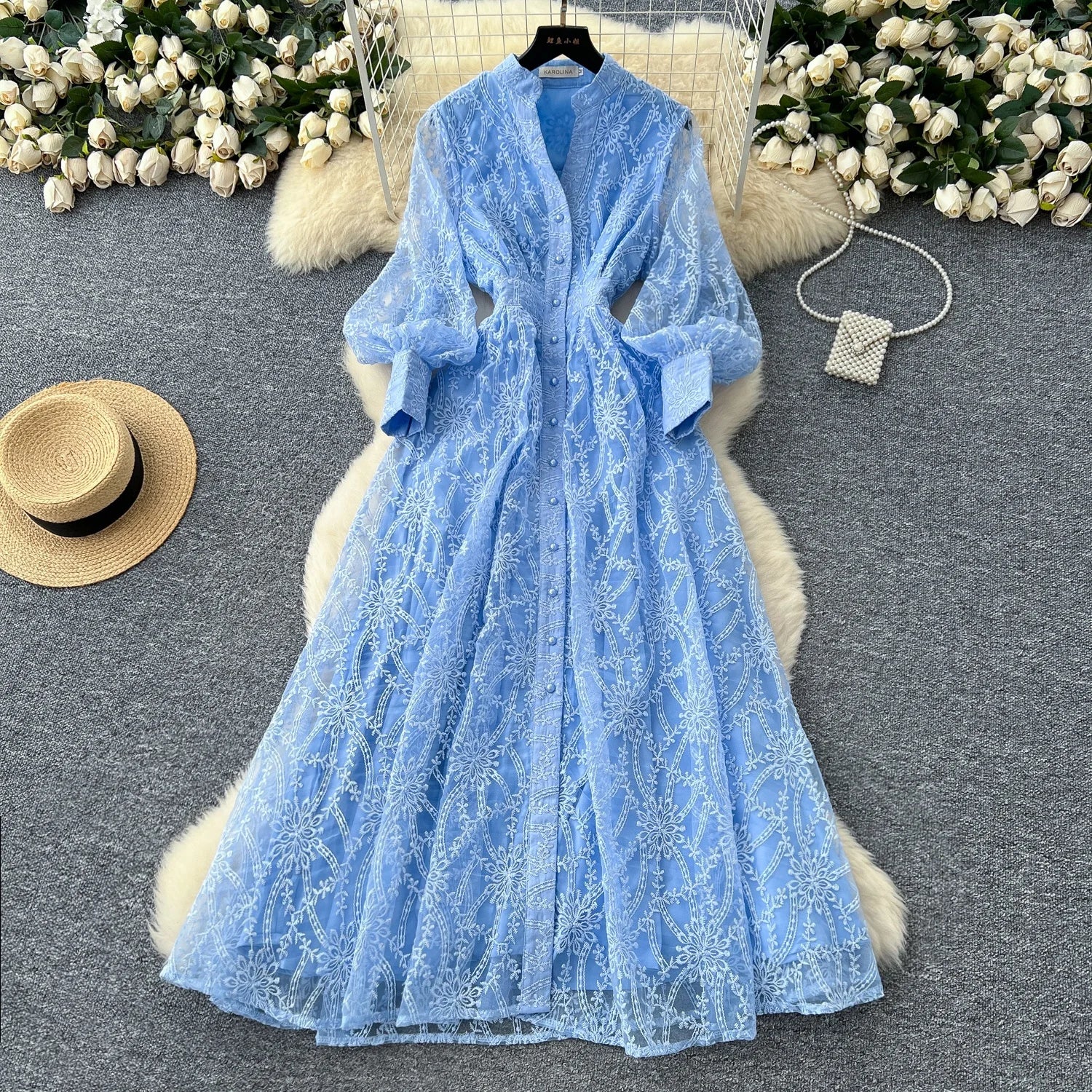 The Seraphine — Hollow-Out Lace Long Sleeve Midi Dress