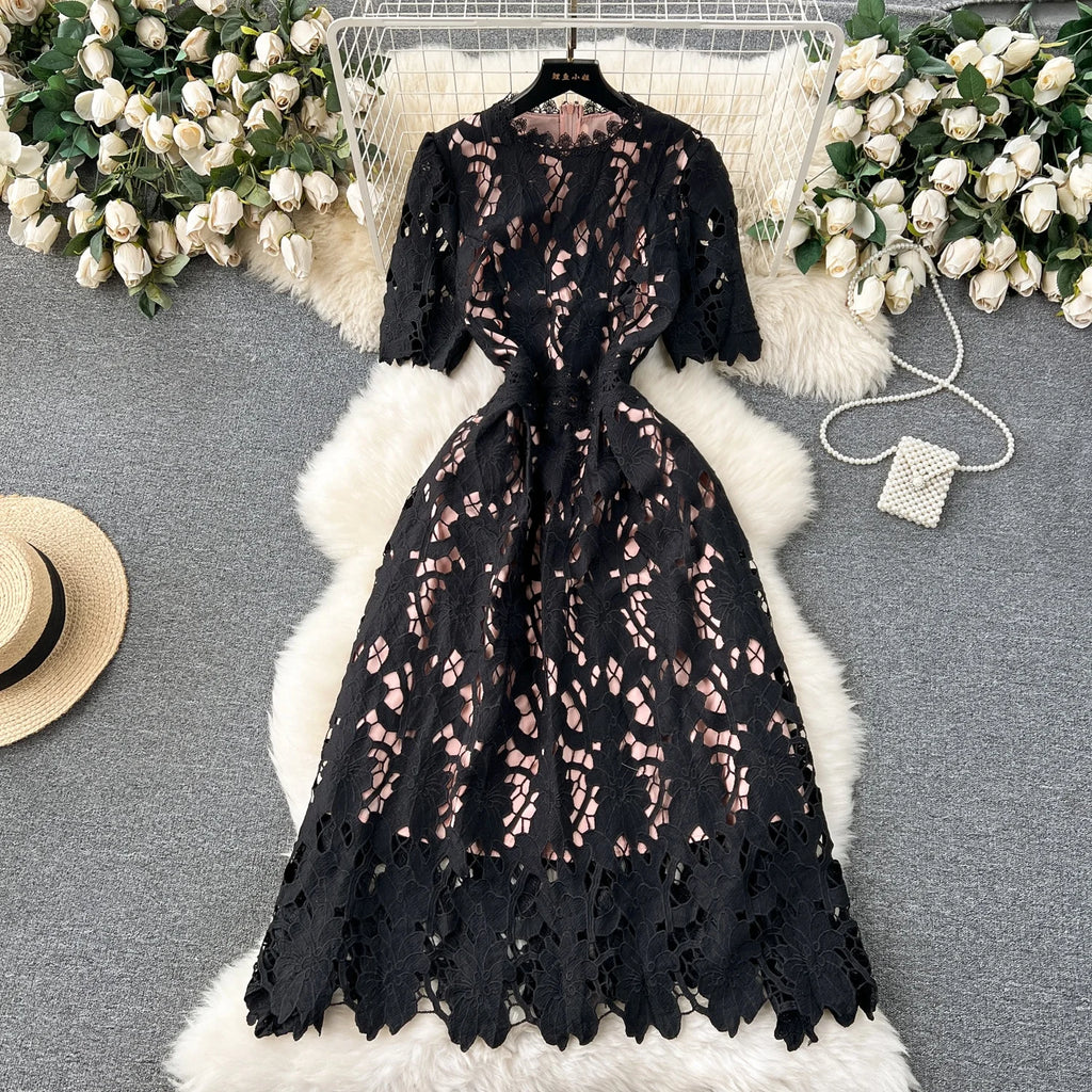The Azura Bloom — Embroidered Waist-Cinch Midi Dress
