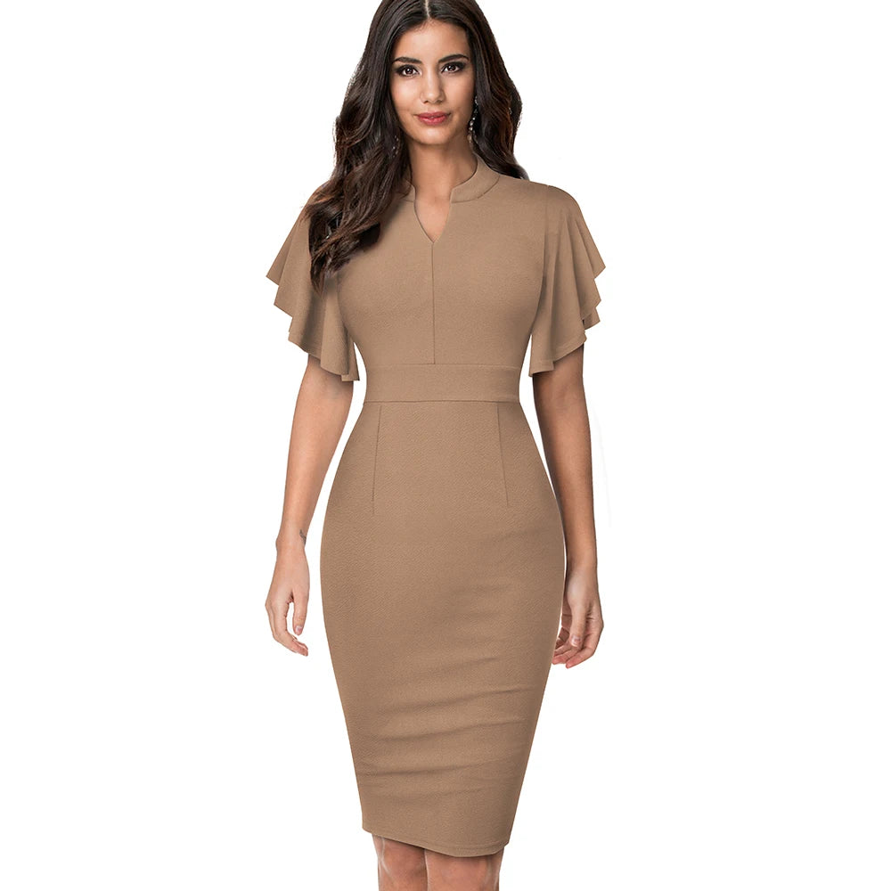 The Ruffle Edit — Solid Colour Short Sleeve Ruffle Bodycon Pencil Dress
