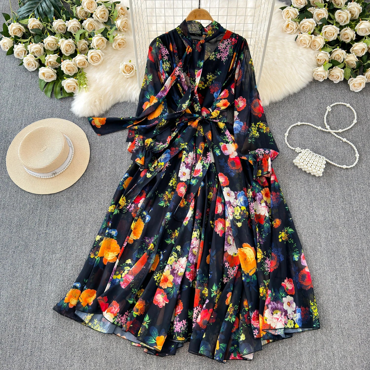 The Summer Bloom — Chiffon Lace-Up Bow Dress