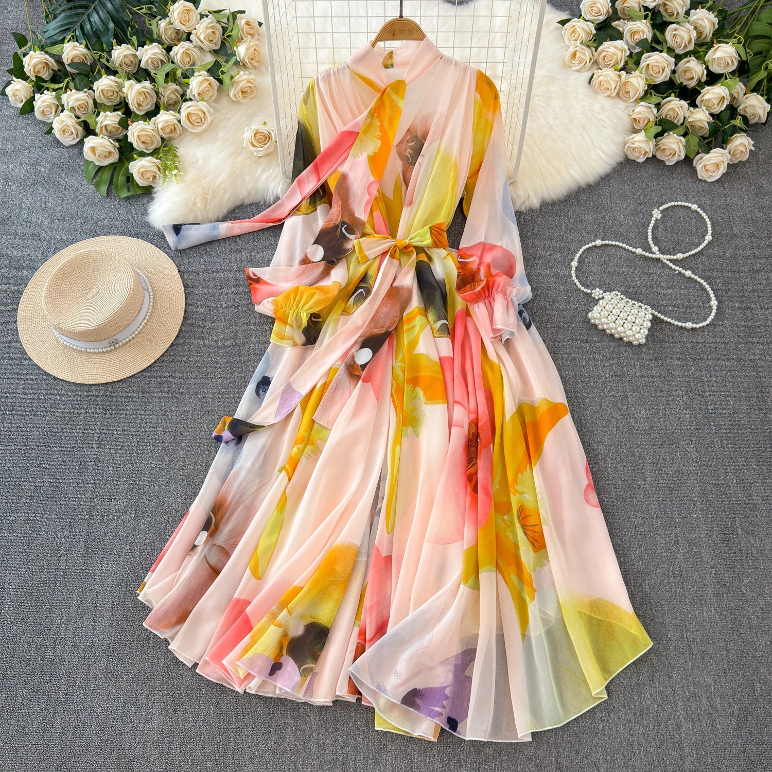 The Summer Bloom — Chiffon Lace-Up Bow Dress