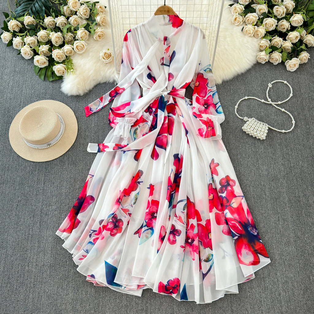 The Summer Bloom — Chiffon Lace-Up Bow Dress