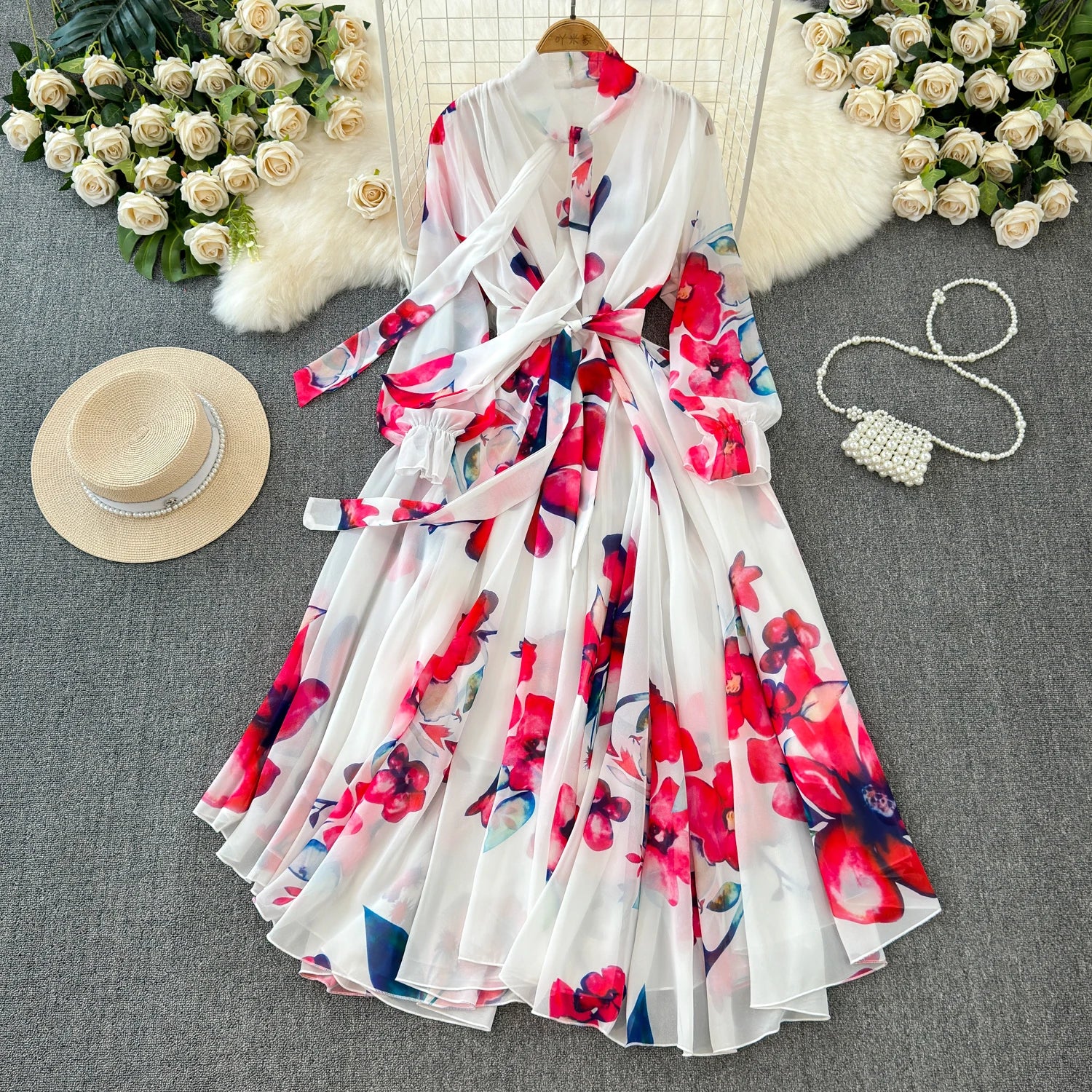 The Summer Bloom — Chiffon Lace-Up Bow Dress