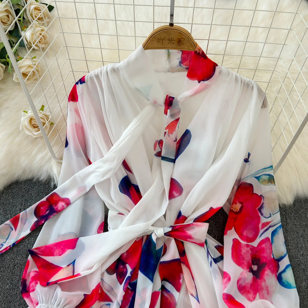 The Summer Bloom — Chiffon Lace-Up Bow Dress
