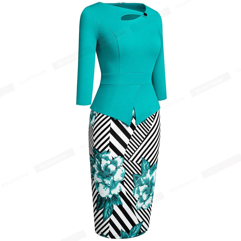 The Garden Party — Floral Patchwork Button ¾ Sleeve Bodycon Dress