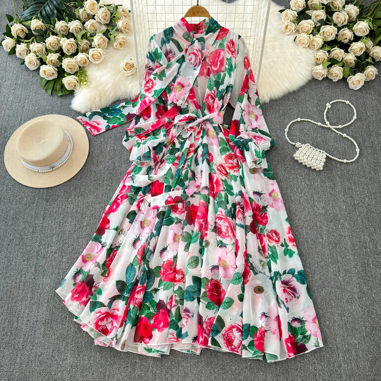 The Summer Bloom — Chiffon Lace-Up Bow Dress