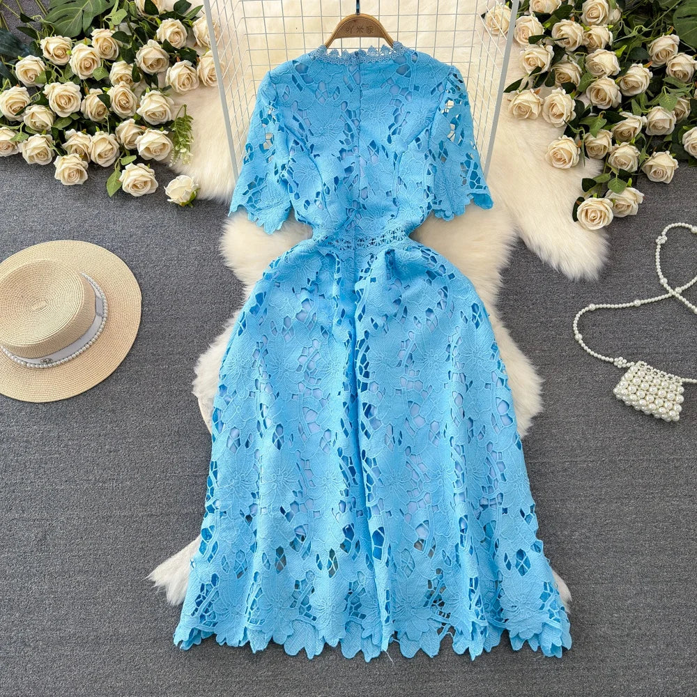 The Azura Bloom — Embroidered Waist-Cinch Midi Dress