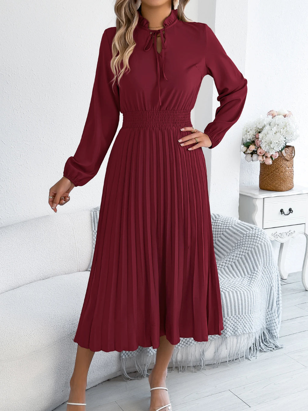 The Pleated Drape — V-Neck Lace-Up Pleated Maxi Dress