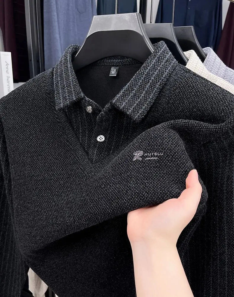 The Woolby Knit— Polo Collar Stripe Patchwork Thickened Wool Sweater