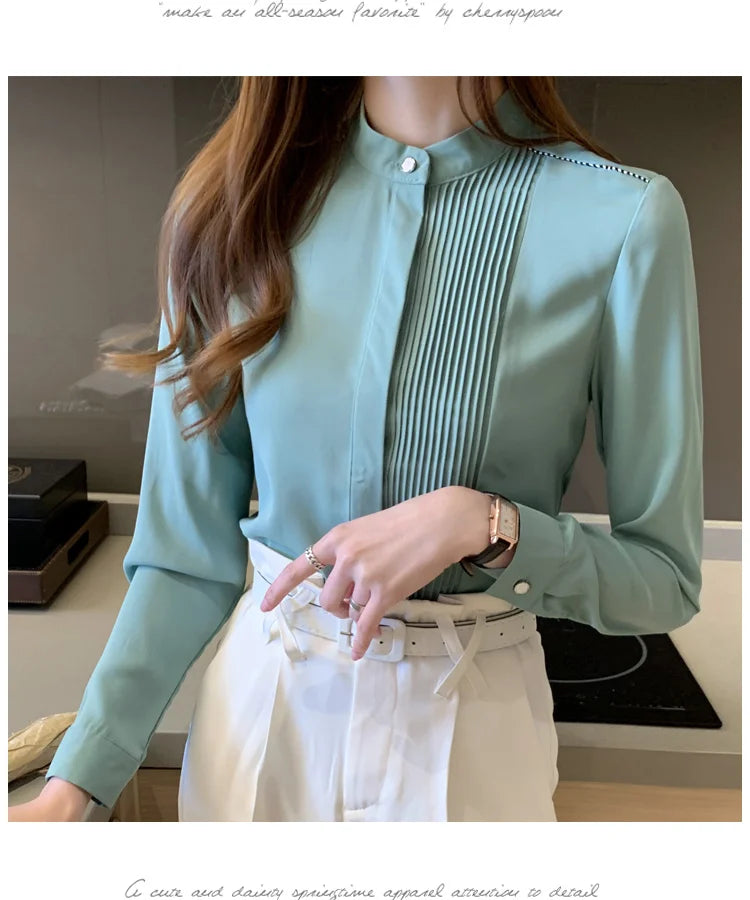 The Office Muse — Pleated Bib Stand Collar Long Sleeve Chiffon Blouse