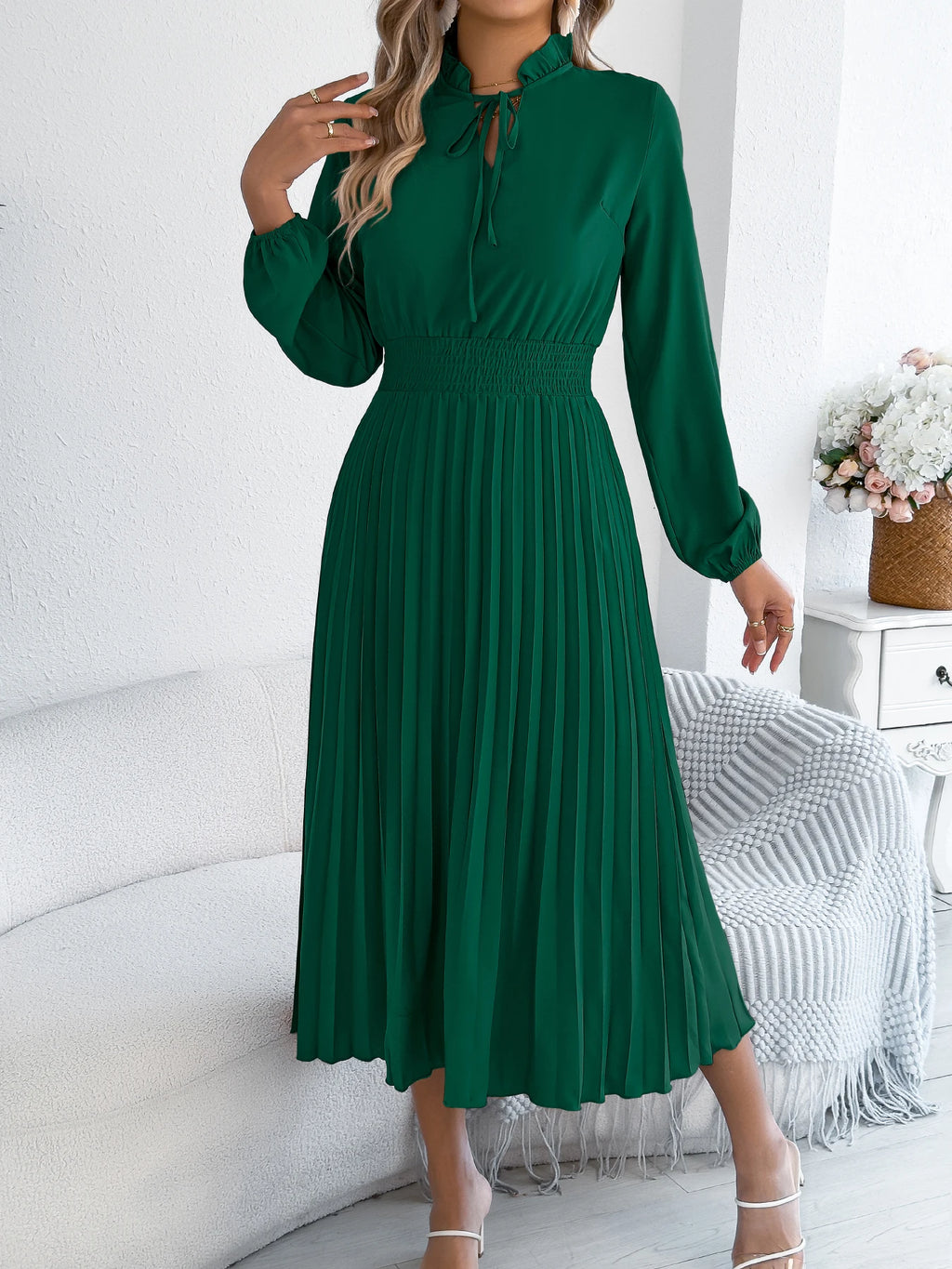 The Pleated Drape — V-Neck Lace-Up Pleated Maxi Dress
