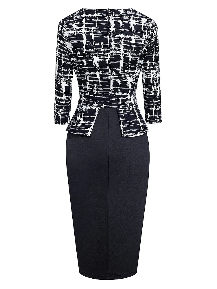 The Garden Party — Floral Patchwork Button ¾ Sleeve Bodycon Dress