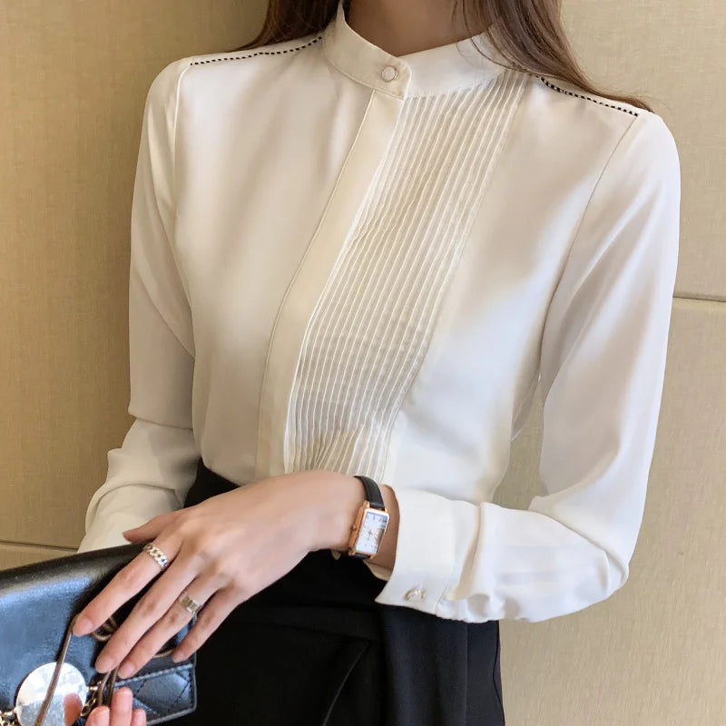 The Office Muse — Pleated Bib Stand Collar Long Sleeve Chiffon Blouse
