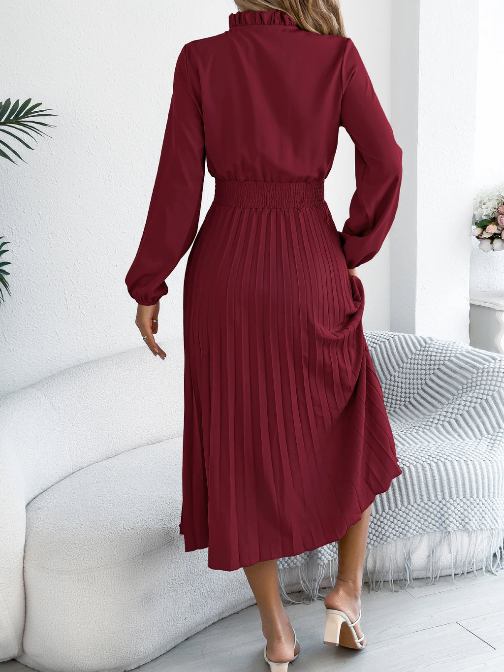 The Pleated Drape — V-Neck Lace-Up Pleated Maxi Dress
