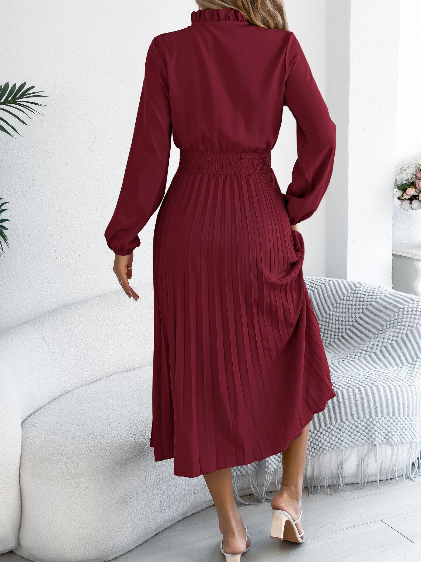 The Pleated Drape — V-Neck Lace-Up Pleated Maxi Dress