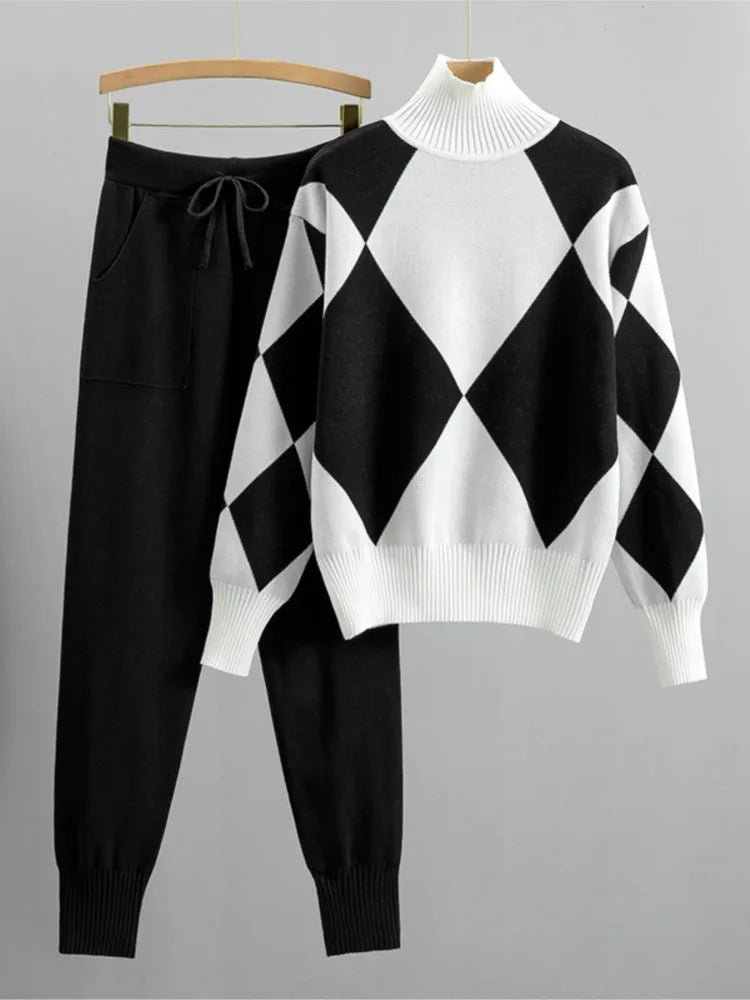 The Diamond Check — Knitted Turtleneck Sweater & Pants Set