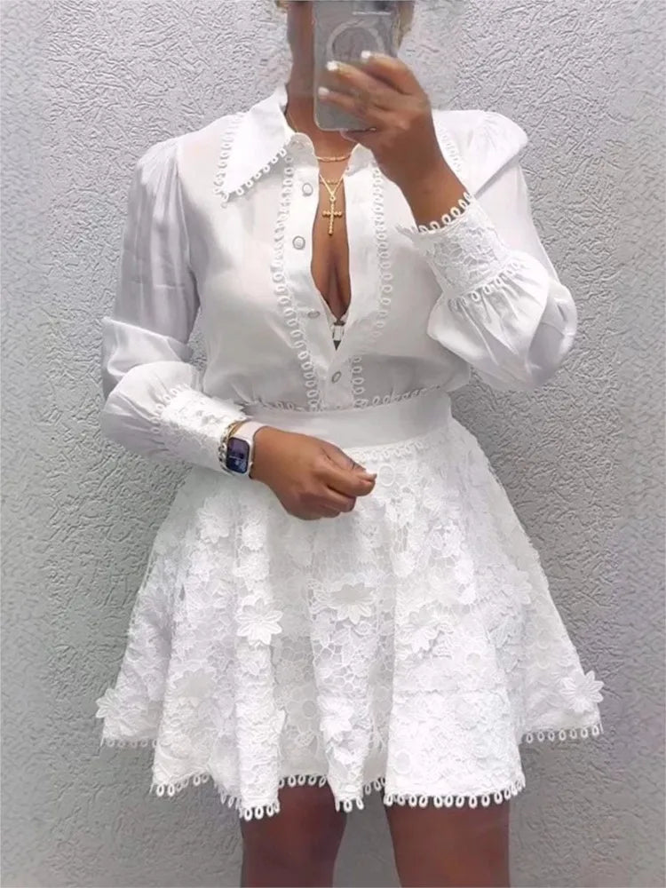 The White Affair — Polyester Button Top & A-Line Skirt Set