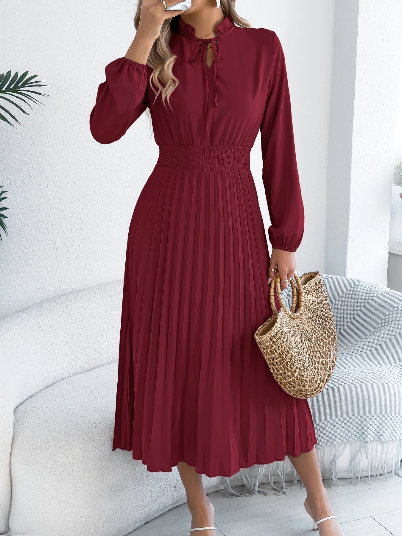 The Pleated Drape — V-Neck Lace-Up Pleated Maxi Dress