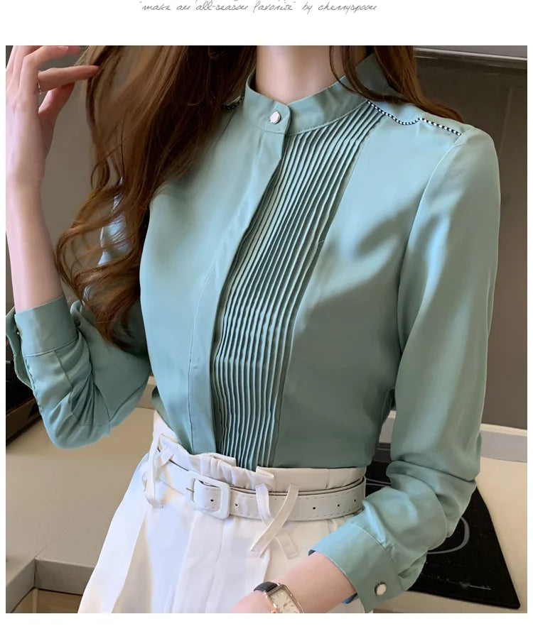 The Office Muse — Pleated Bib Stand Collar Long Sleeve Chiffon Blouse