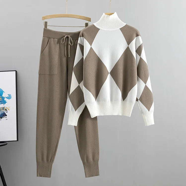 The Diamond Check — Knitted Turtleneck Sweater & Pants Set