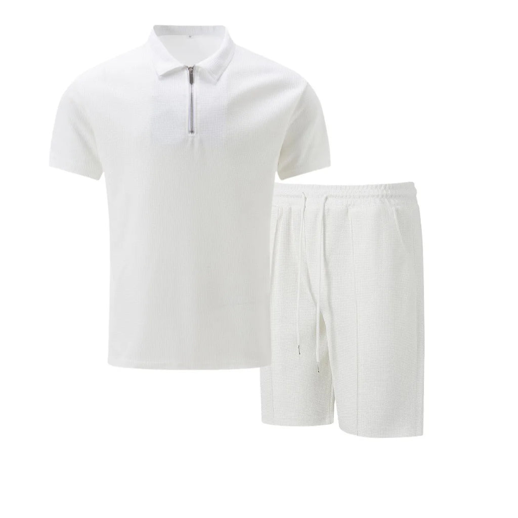 The Munice Set — Waffle-Knit Zip-Up Lapel Suit & Shorts