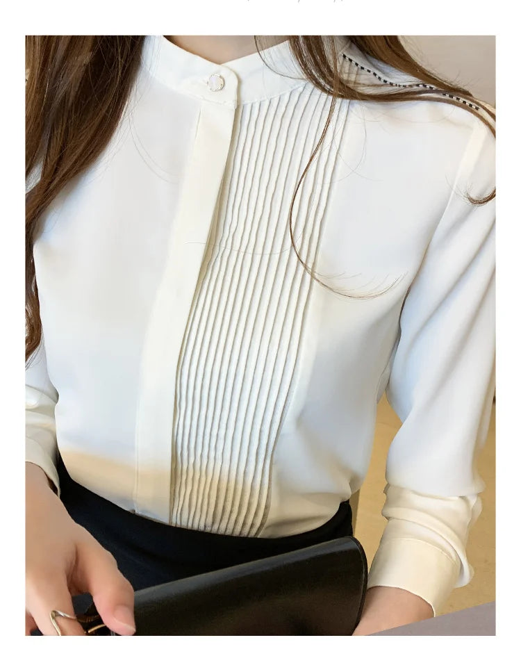 The Office Muse — Pleated Bib Stand Collar Long Sleeve Chiffon Blouse